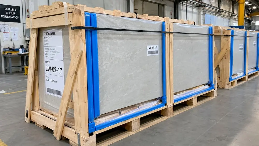 Labeled export crates prepared for Amazon Green quartzite project shipment