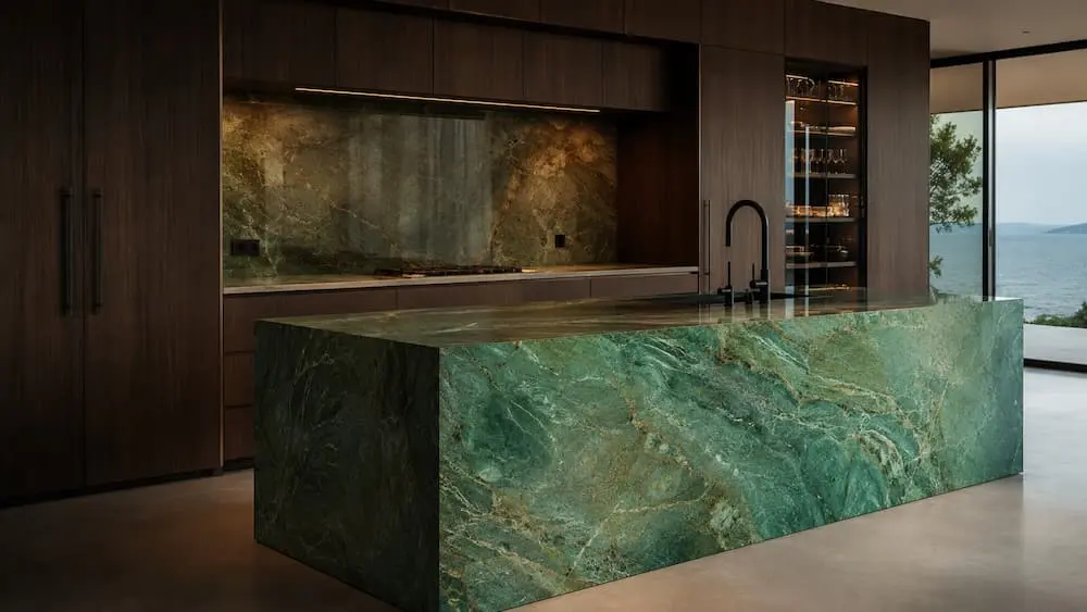 Amazon Green quartzite luxury kitchen island showing natural green movement and polished surfaces