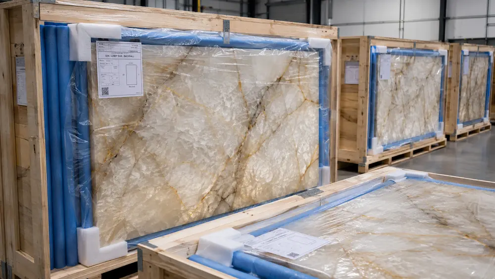 Embalaje de exportación de cuarcita Cristallo en cajas de madera etiquetadas