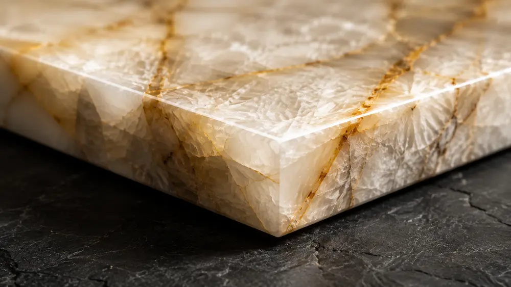 Borde mitrado pulido de cuarcita Cristallo con detalle de cristal natural
