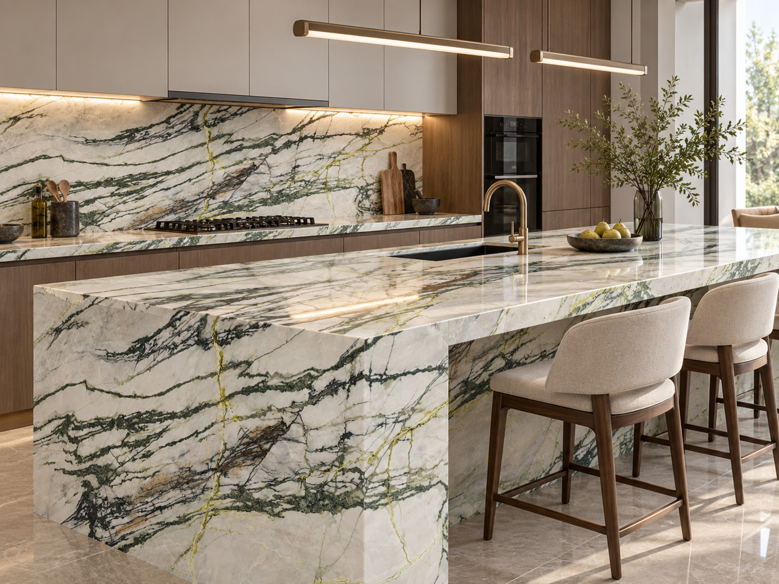 Clivia Marble Countertop Finished Clivia Marble countertop featuring distinctive green veins on a light stone background