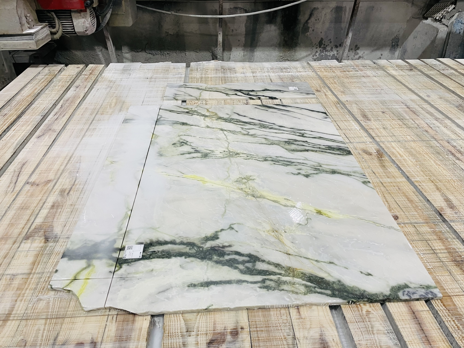 Clivia Marble Cutting Clivia Marble during precision cutting for custom stone components