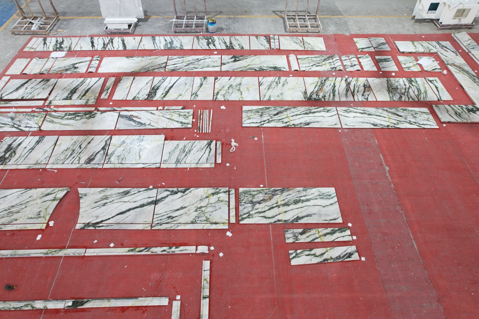 Clivia Marble Dry Layout Clivia Marble fabricated pieces arranged for dry layout and vein continuity inspection
