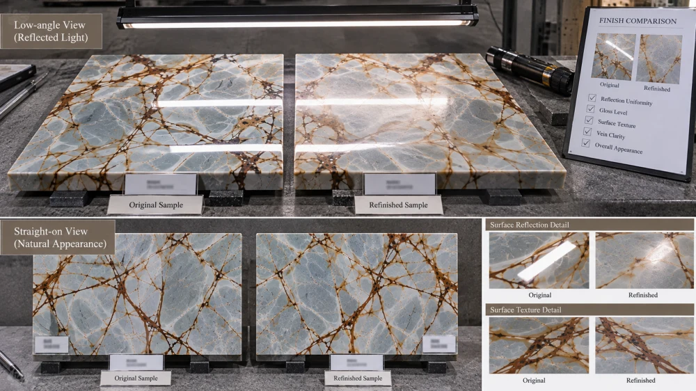 blue-roma-quartzite-refinished-sample-sheen-comparison