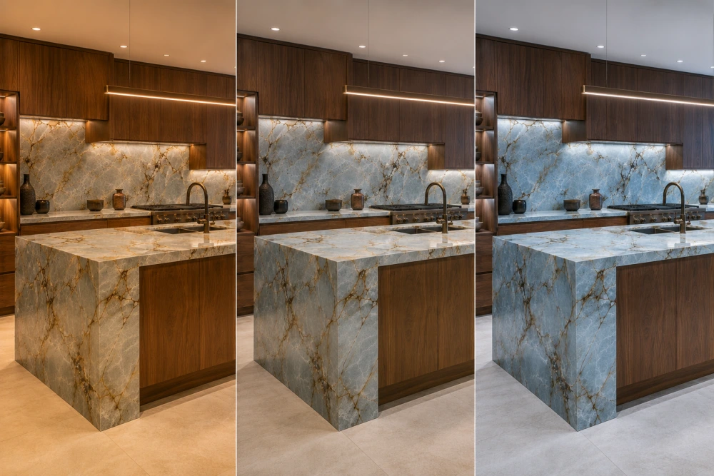 blue-roma-quartzite-walnut-lighting-comparison