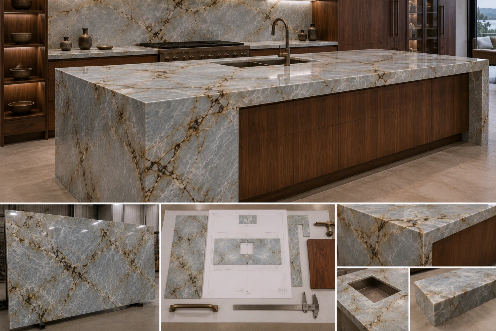blue-roma-quartzite-walnut-waterfall-island-layout
