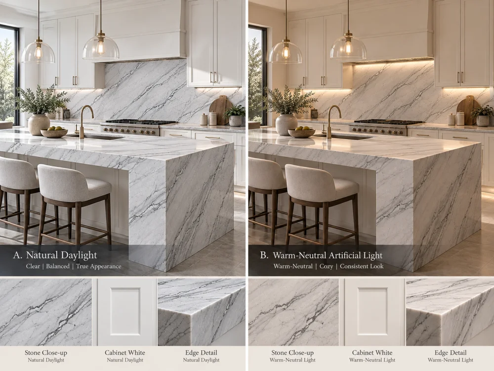 infinity-white-quartzite-lighting-comparison