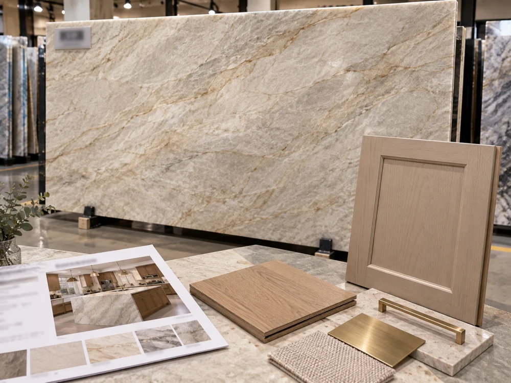 taj-mahal-quartzite-cabinet-finish-showroom-comparison